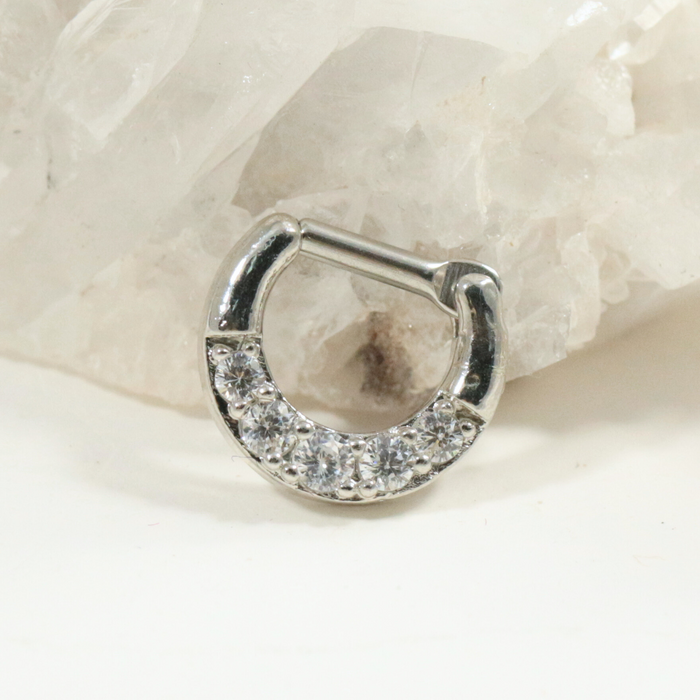 316L Surgical Steel Five Pronged Clear CZs Septum Clicker Ring - Monster Piercing