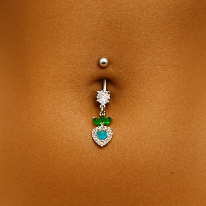 925 Sterling Silver Fancy White Jewelled With Heart Dangling Belly Ring