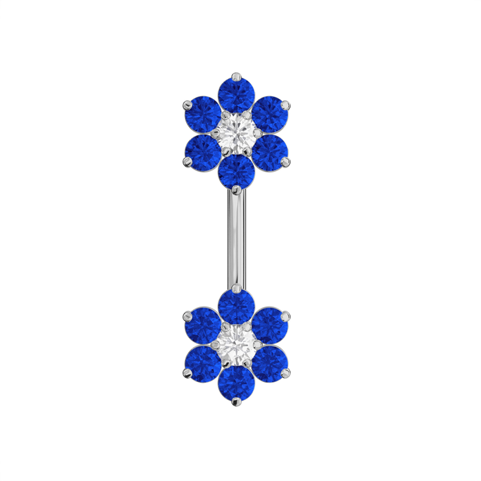 925 Sterling Silver Jewelled Twin Flowers Spinal Belly Button Ring