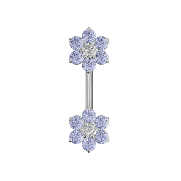 925 Sterling Silver Jewelled Twin Flowers Spinal Belly Button Ring