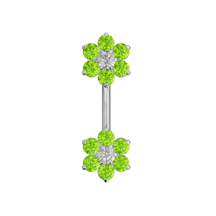 925 Sterling Silver Jewelled Twin Flowers Spinal Belly Button Ring