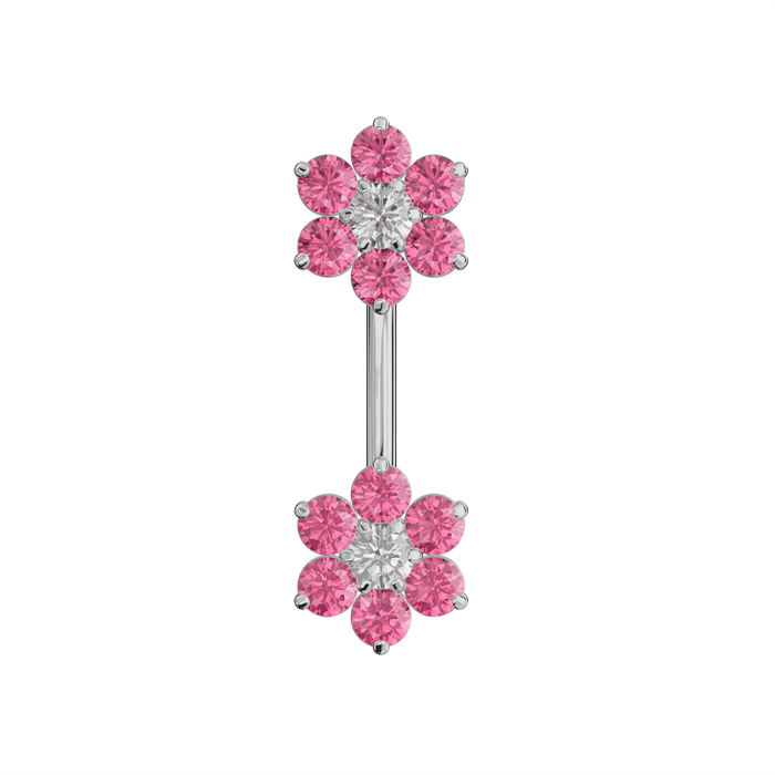 925 Sterling Silver Jewelled Twin Flowers Spinal Belly Button Ring