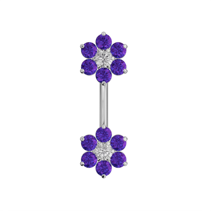 925 Sterling Silver Jewelled Twin Flowers Spinal Belly Button Ring