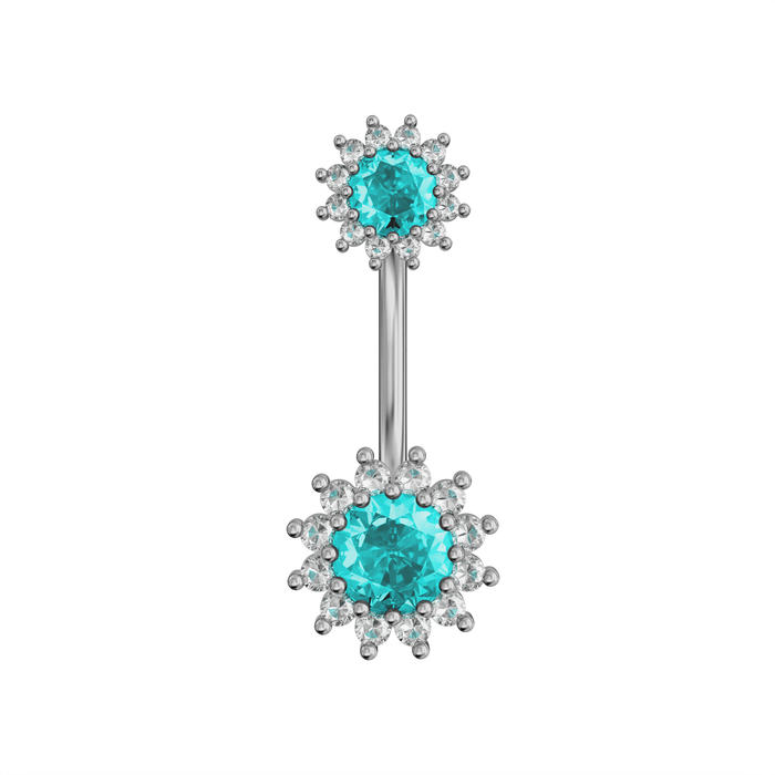 925 Sterling Silver Round CZ Jewelled Double Crystal Flower Non Dangle Belly Button Ring
