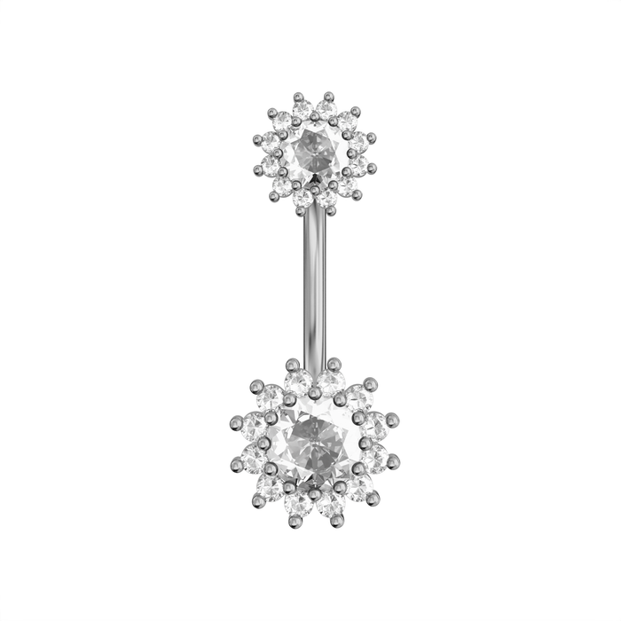 925 Sterling Silver Round CZ Jewelled Double Crystal Flower Non Dangle Belly Button Ring