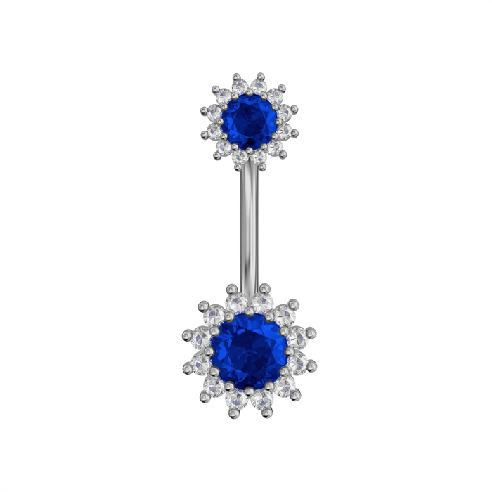 925 Sterling Silver Round CZ Jewelled Double Crystal Flower Non Dangle Belly Button Ring
