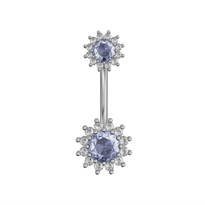 925 Sterling Silver Round CZ Jewelled Double Crystal Flower Non Dangle Belly Button Ring