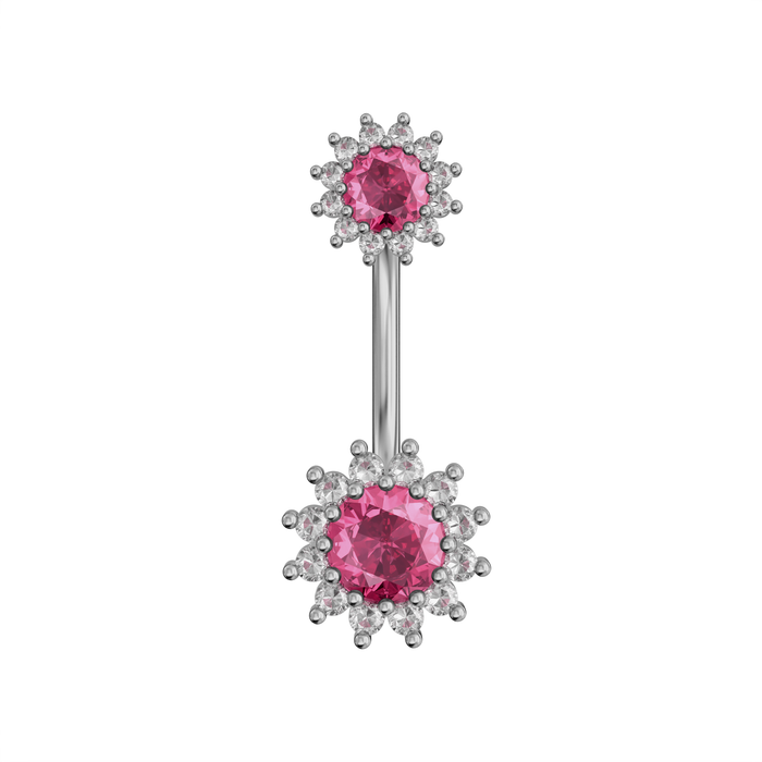 925 Sterling Silver Round CZ Jewelled Double Crystal Flower Non Dangle Belly Button Ring