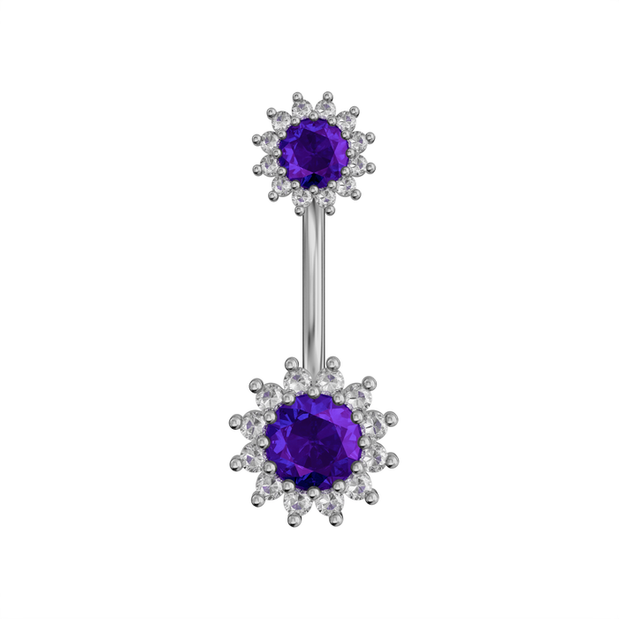 925 Sterling Silver Round CZ Jewelled Double Crystal Flower Non Dangle Belly Button Ring