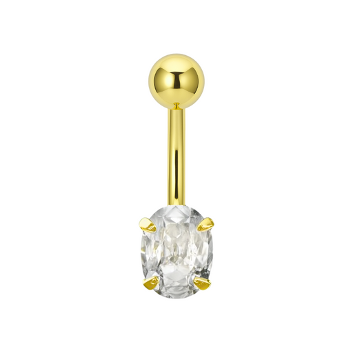 14K Gold Oval CZ Jewelled Internally Threaded Belly Ring - Monster Piercing