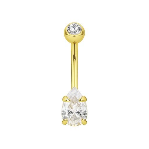 14K Gold Pear Cut CZ Jewelled Internally Threaded Top Ball With CZ Belly Ring - Monster Piercing