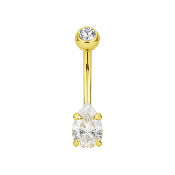 14K Gold Pear Cut CZ Jewelled Internally Threaded Top Ball With CZ Belly Ring - Monster Piercing