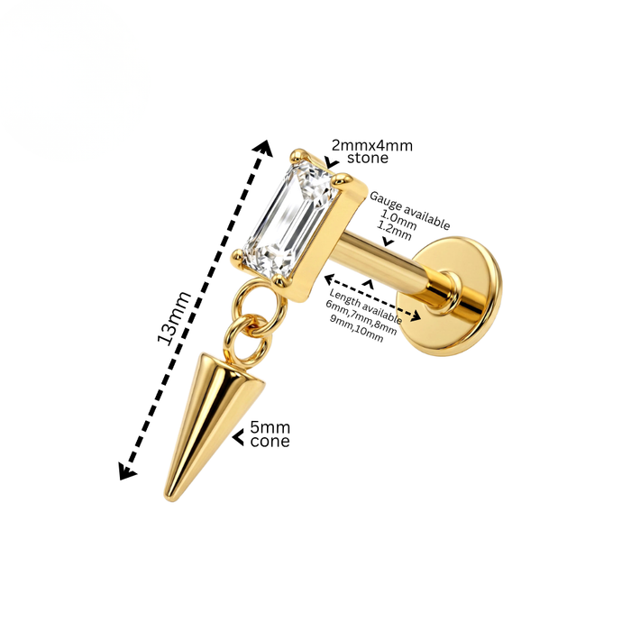 G23 Titanium Baguette CZ Spike Drop Threadless Flatback Stud