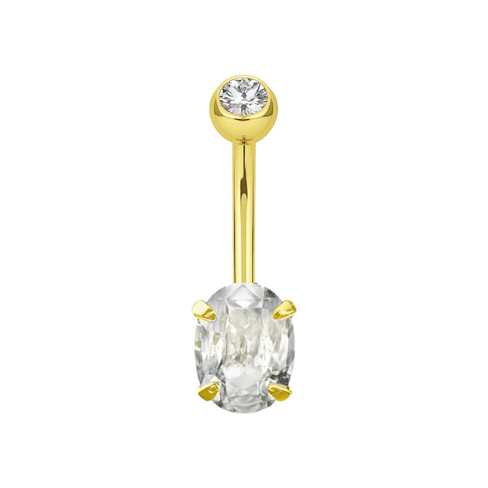 9K Gold Oval Cut CZ Jewelled Internally Threaded Top ball With CZ stone Belly Ring