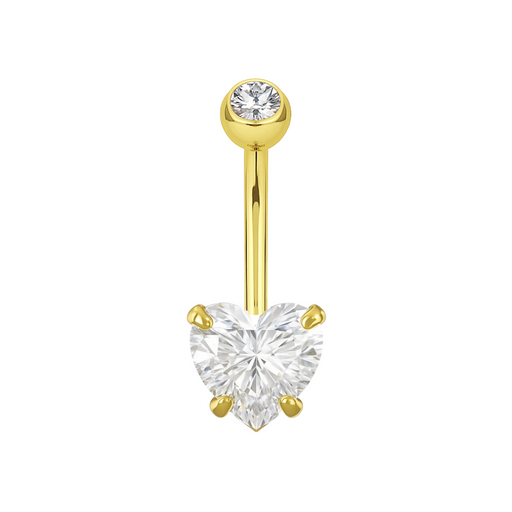 14K Gold Heart Shaped CZ Jewelled Internally Threaded Top Ball With CZ Belly Ring - Monster Piercing
