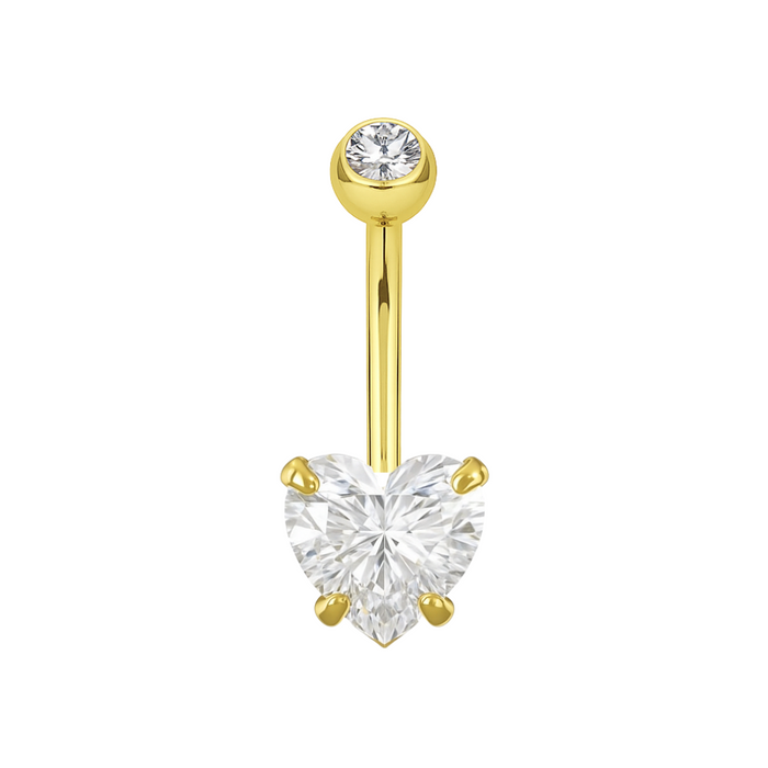 14K Gold Heart Shaped CZ Jewelled Internally Threaded Top Ball With CZ Belly Ring - Monster Piercing