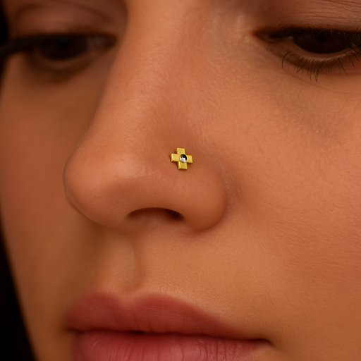 9K Gold Cubic Zirconia Jewelled Cross Nose Bone - Monster Piercing