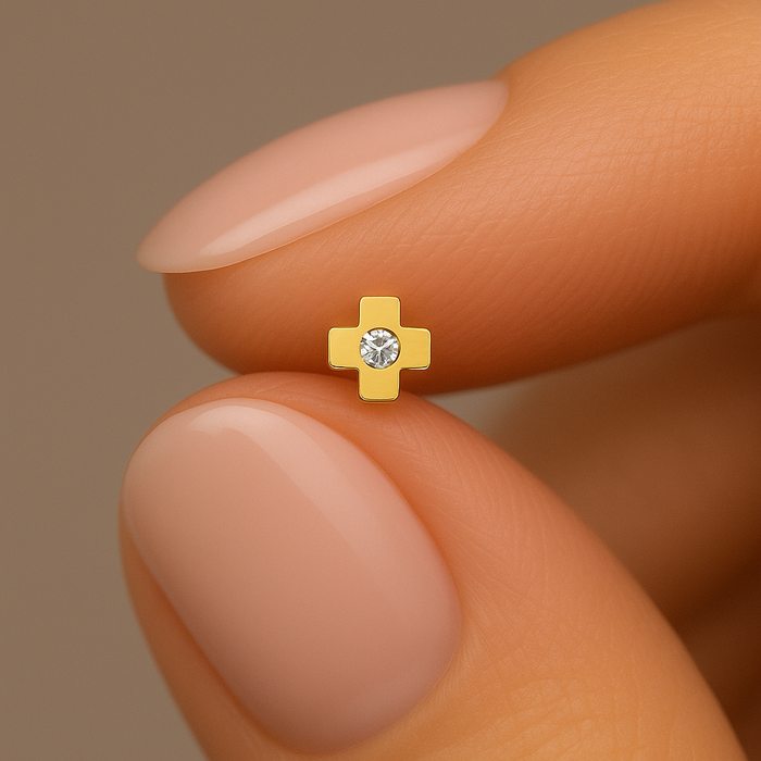 9K Gold Cubic Zirconia Jewelled Cross Nose Bone - Monster Piercing