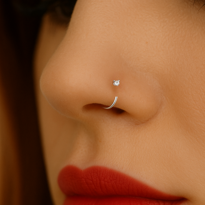 9K Gold Cubic Zirconia in Bezel set Jewelled Open Hoop Nose Ring - Monster Piercing