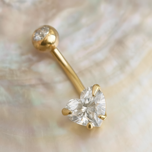 9K Gold Heart Shaped CZ Jewelled Internally Threaded Top Ball With CZ Belly Ring - Monster Piercing