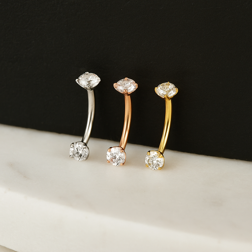 14K Gold Internally Threaded 3mm Round CZ Jewelled Curved Barbell - Monster Piercing