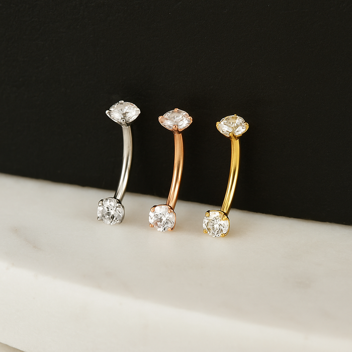 14K Gold Internally Threaded 3mm Round CZ Jewelled Curved Barbell - Monster Piercing