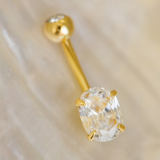 9K Gold Oval Cut CZ Jewelled Internally Threaded Top ball With CZ stone Belly Ring - Monster Piercing