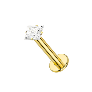 14K Gold Internal Lip Labret with Square Cubic Zirconia Stone Jewelled Push Fit Top