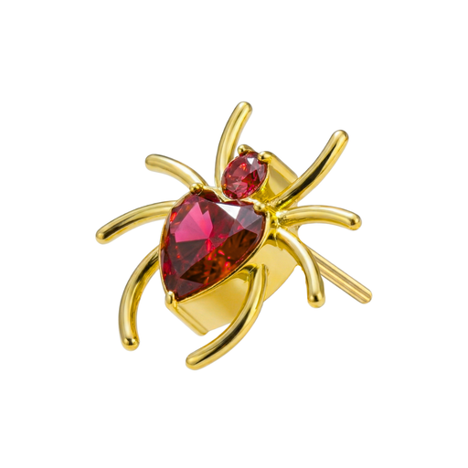 Red gemstone spider ear jewelry on pink fabric