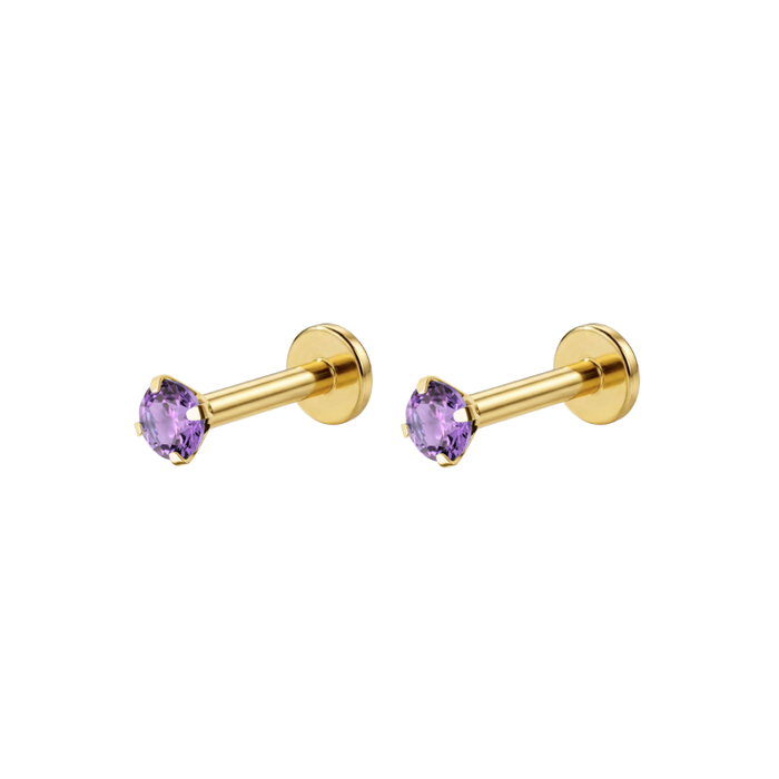 14K Gold Claw-Set Amethyst Natural Stone Threadless Flatback Pair