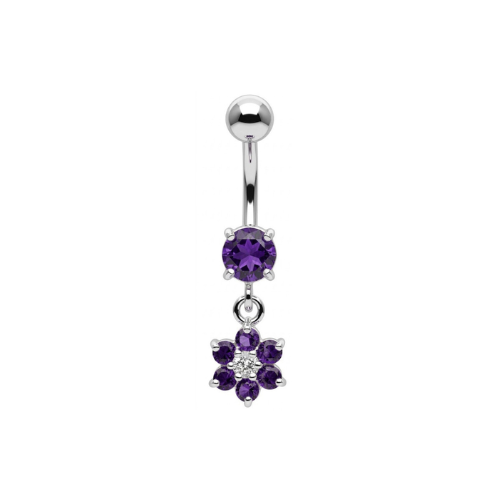 925 Sterling Silver Dangling CZ Jewelled Flower Belly Bar