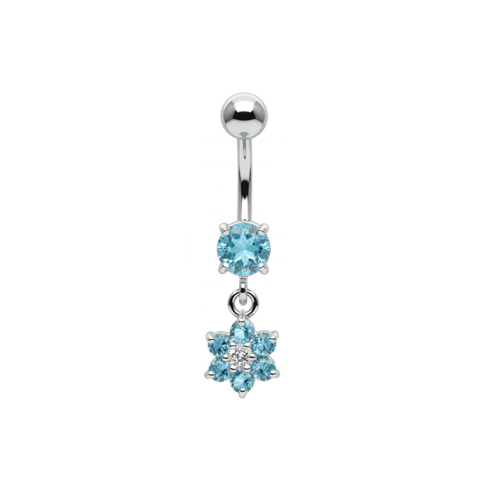 925 Sterling Silver Dangling CZ Jewelled Flower Belly Bar