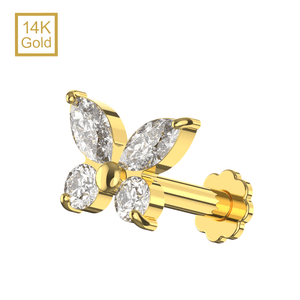 14K Gold CZ Jewelled Butterfly Design Internal Thread Labret with Flowerback Stud
