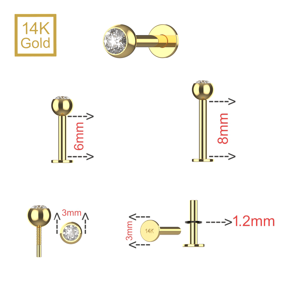 Round CZ Jewelled Flatback Internal Thread Labret – 14K Gold — Monster ...