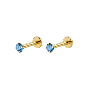 14K Gold Claw-Set Blue Topaz Natural Stone Threadless Flatback Pair