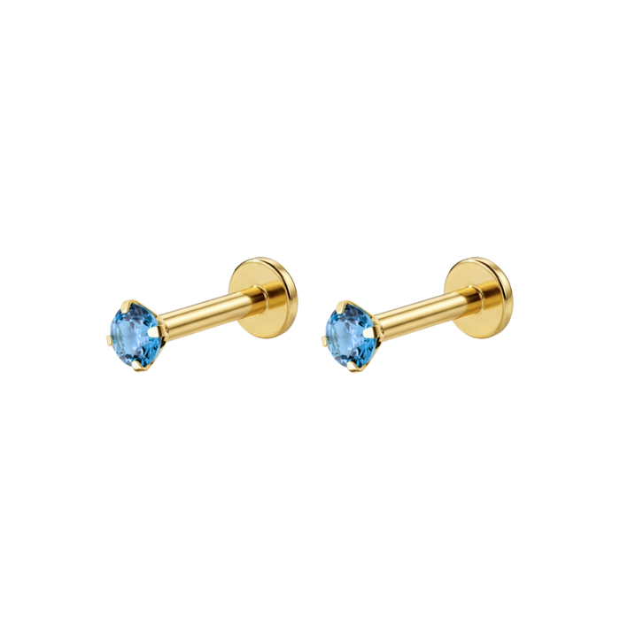 14K Gold Claw-Set Blue Topaz Natural Stone Threadless Flatback Pair