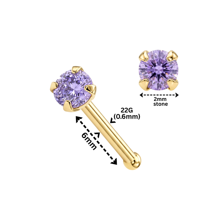 14K Gold Claw-Set Round CZ Nose Bone Stud
