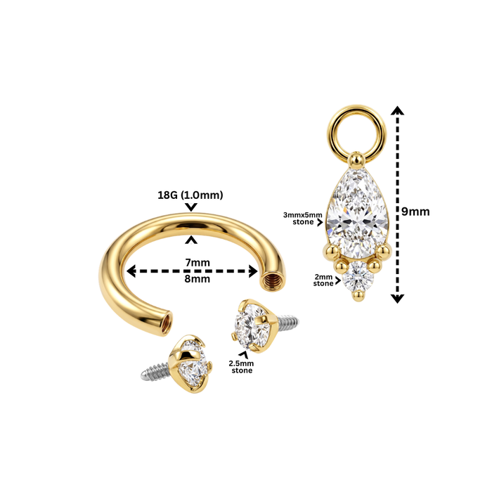 G23 Titanium Pear CZ Drop with Double Prong-Set CZ Circular Barbell