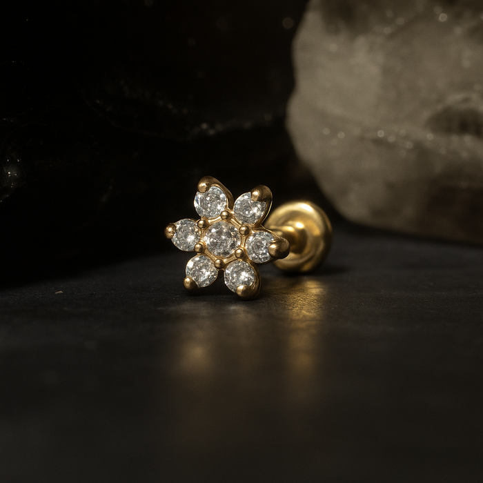 14K Gold Round CZ Jewelled Narcissus Flower Internal Thread Labret with Flatback Stud - Monster Piercing
