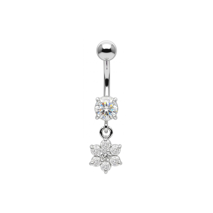 925 Sterling Silver Dangling CZ Jewelled Flower Belly Bar