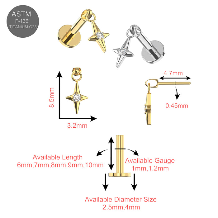 G23 Titanium CZ Jewelled Twinkle Star Drop Threadless Flatback Stud