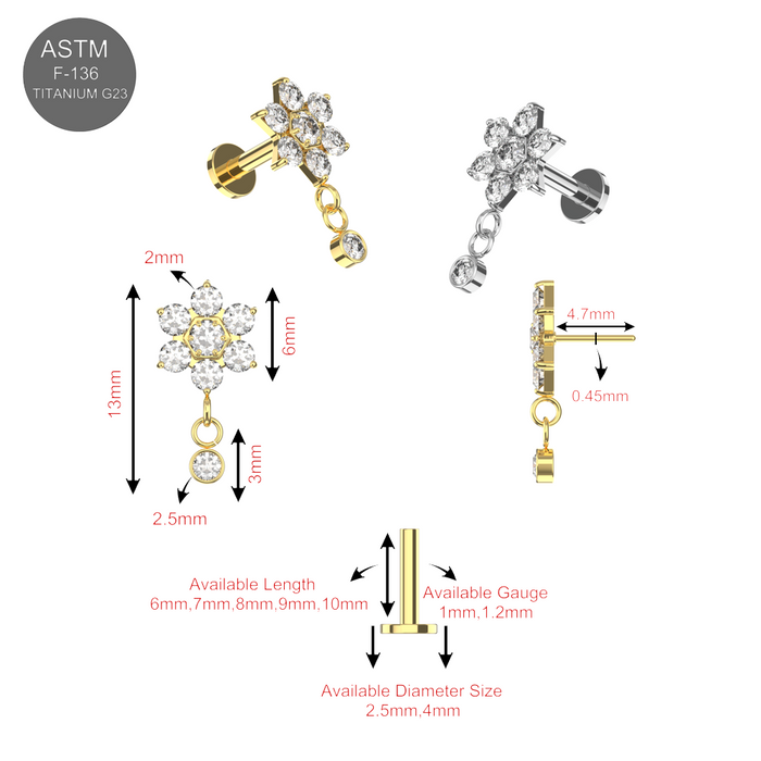 G23 Titanium Flower CZ Dangle Threadless Flatback Stud