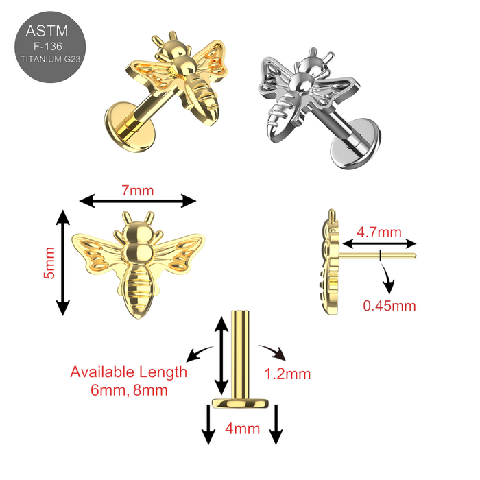 G23 Titanium CZ Jewelled Buzzing Bee Threadless Flatback Stud