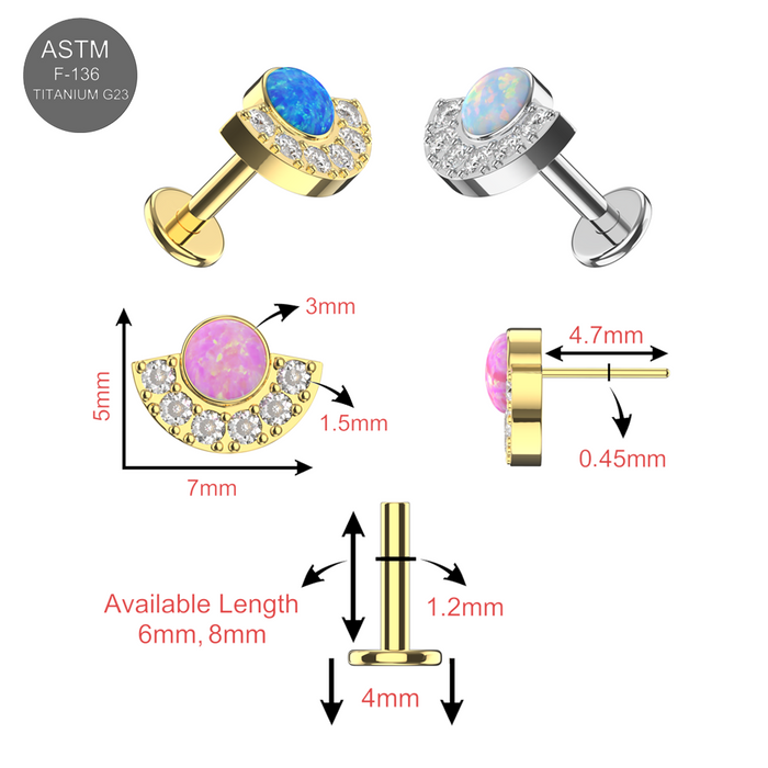 G23 Titanium Crescent Opal & CZ Threadless Flatback Stud