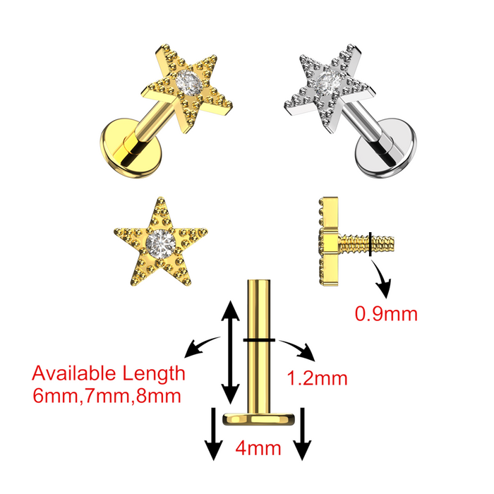 316L Surgical Steel CZ Jewelled Star Internally Threaded Flatback Stud