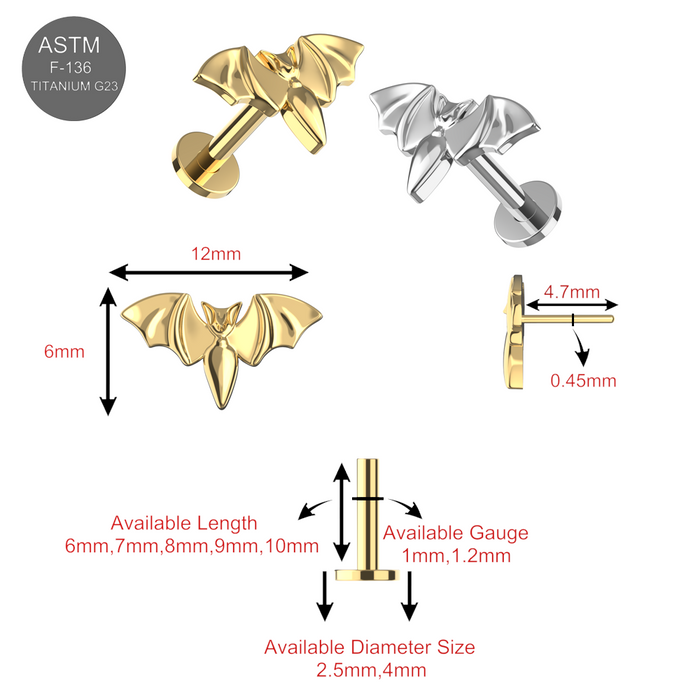 G23 Titanium Bat Thread-less Flatback Stud - Monster Piercing