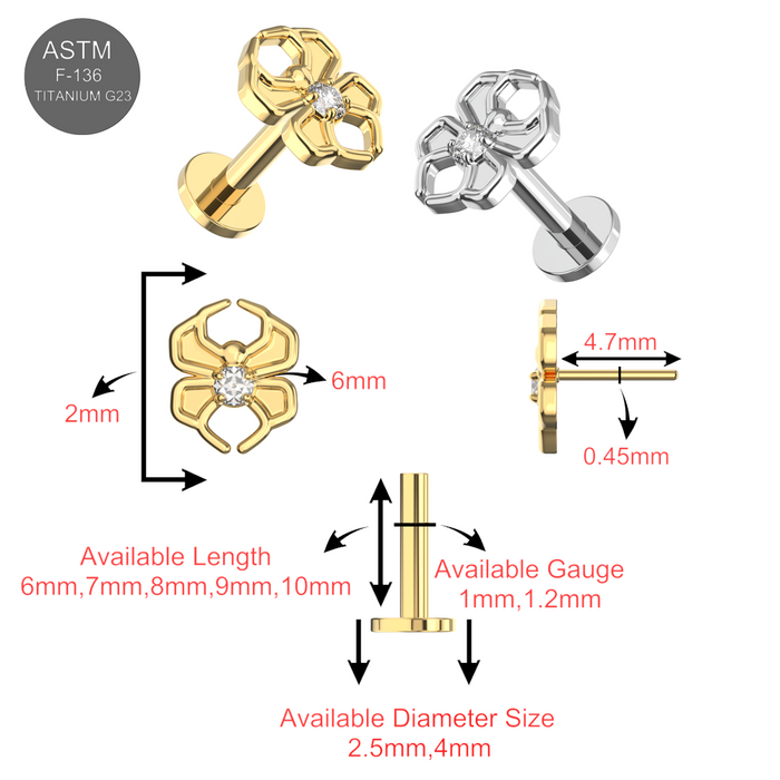 G23 Titanium CZ Jewelled Spider Thread-less Flatback Stud - Monster Piercing