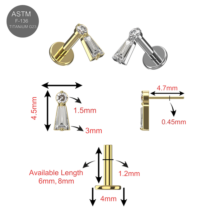 G23 Titanium Baguette & Round CZ Jewelled Threadless Flatback Stud