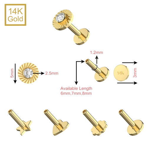 14K Gold  CZ Jeweled Laser Cut Button Top With Internal Thread Base Labret - Monster Piercing