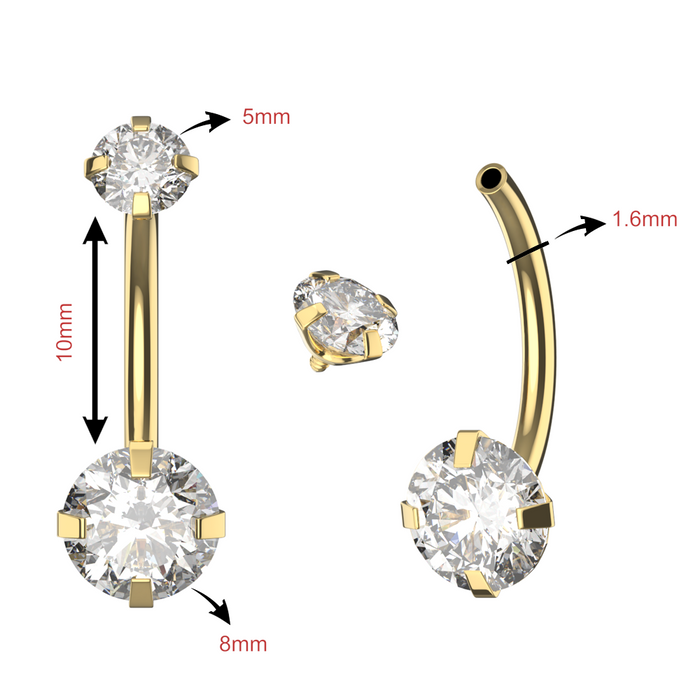 316L Surgical Steel Gold Anodised Double CZ Jewelled Prong-Set Belly Ring - Monster Piercing